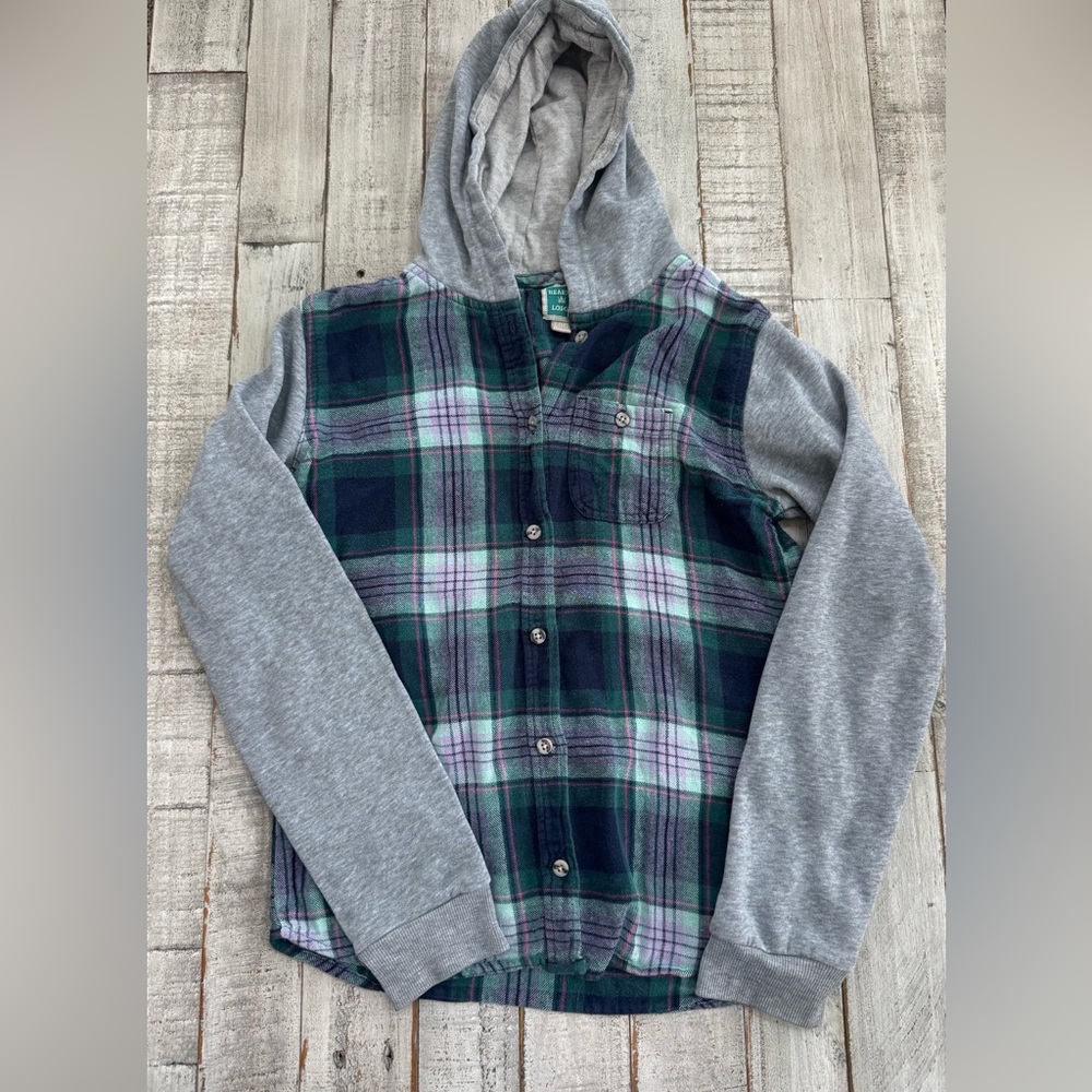 Plaid Hooded Kids Shirt - Green and Gray